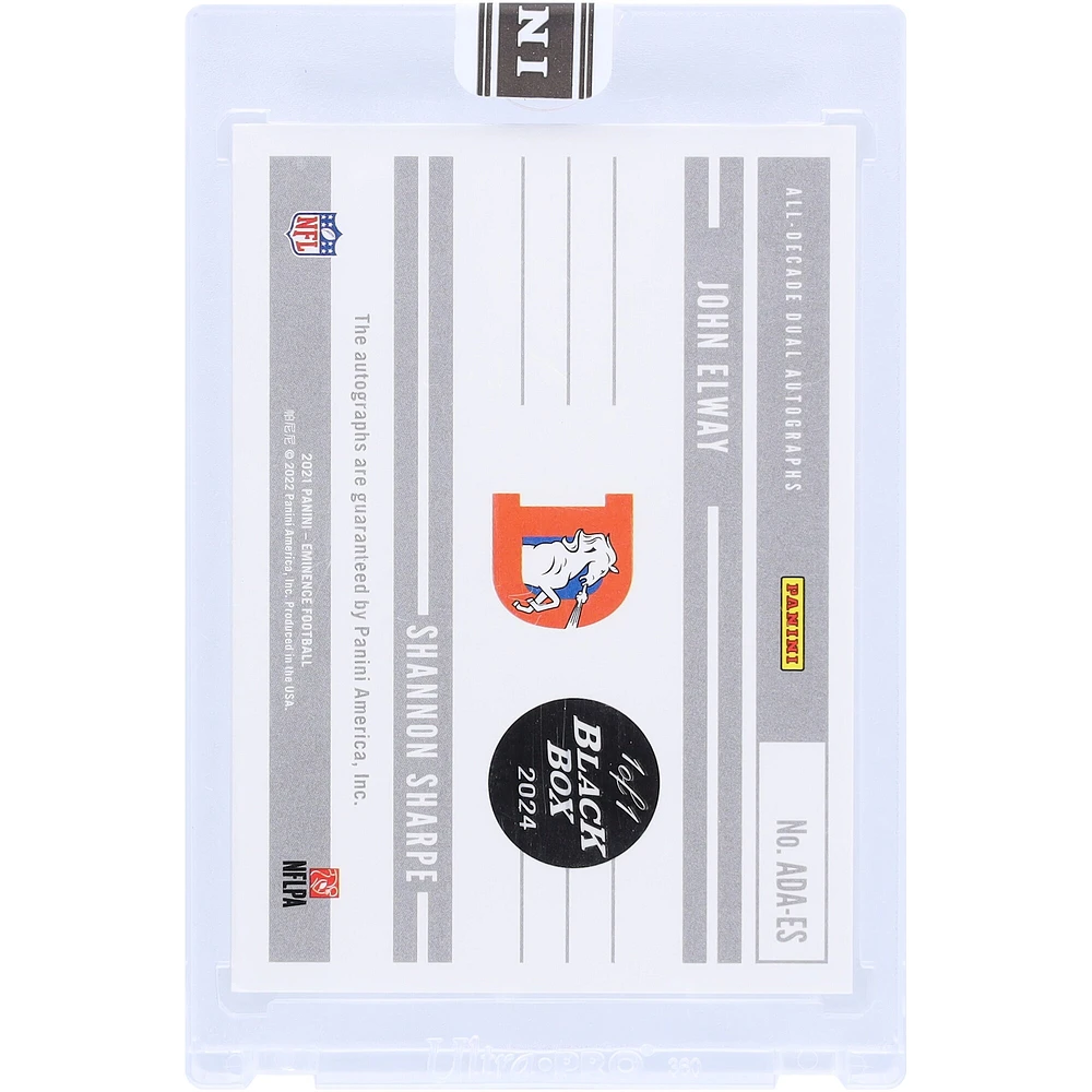 John Elway & Shannon Sharpe Denver Broncos Autographed 2021 Panini Eminence Dual Auto Black Box #ADA-ES #1/1 Card