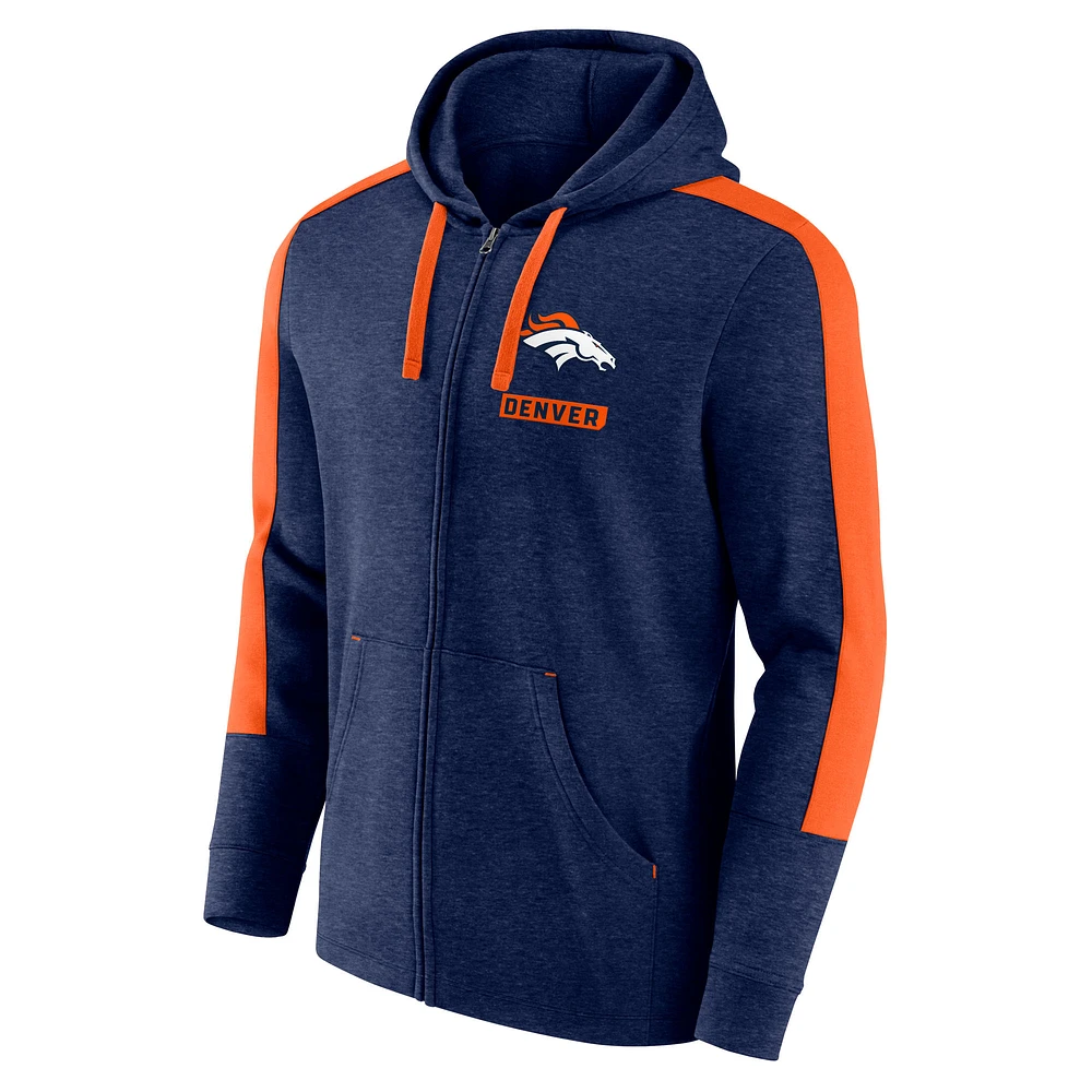 Sweat à capuche entièrement zippé Fanatics Heather Navy Denver Broncos Gains pour hommes