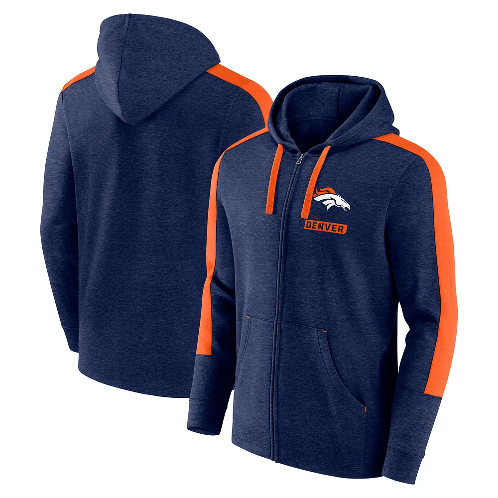 Sweat à capuche entièrement zippé Fanatics Heather Navy Denver Broncos Gains pour hommes