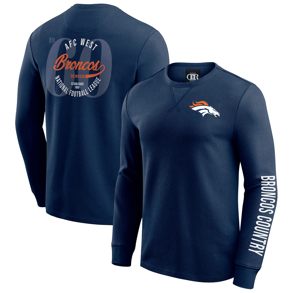 T-shirt à manches longues en tricot gaufré délavé pour homme de la collection Darius Rucker par Fanatics, bleu marine, des Denver Broncos