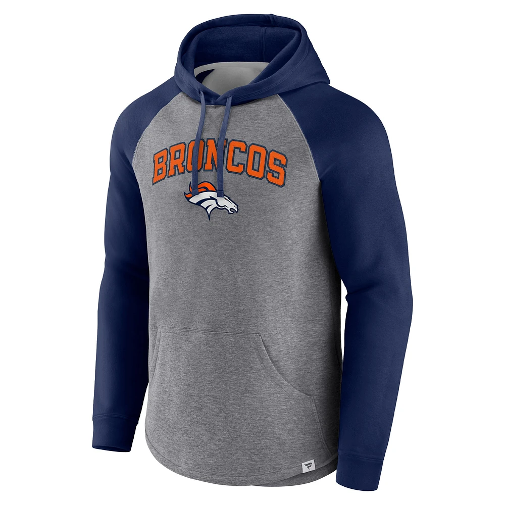 Men's Fanatics Heathered Gray/Navy Denver Broncos By Design Raglan Pullover Hoodie