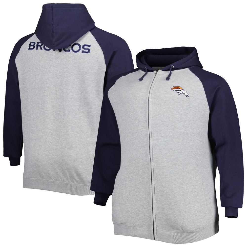 Men's Heather Gray Denver Broncos Big & Tall Fleece Raglan Full-Zip Hoodie Jacket