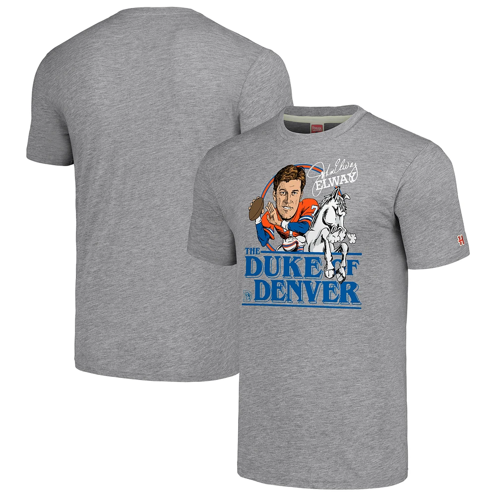 T-shirt tri-blend pour homme avec hommage à John Elway, joueur retraité des Denver Broncos, gris chiné