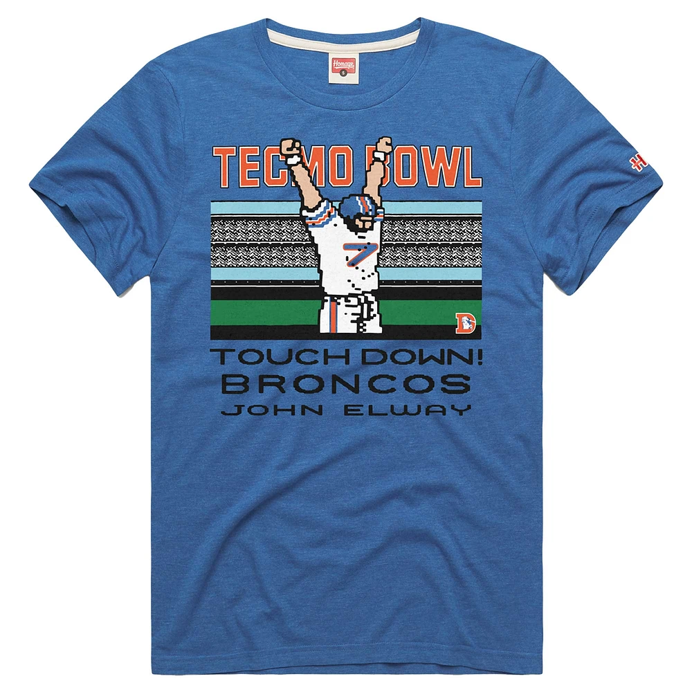 T-shirt à imprimé tri-blend pour homme, hommage John Elway Royal Denver Broncos Tecmo Bowl, joueur retraité