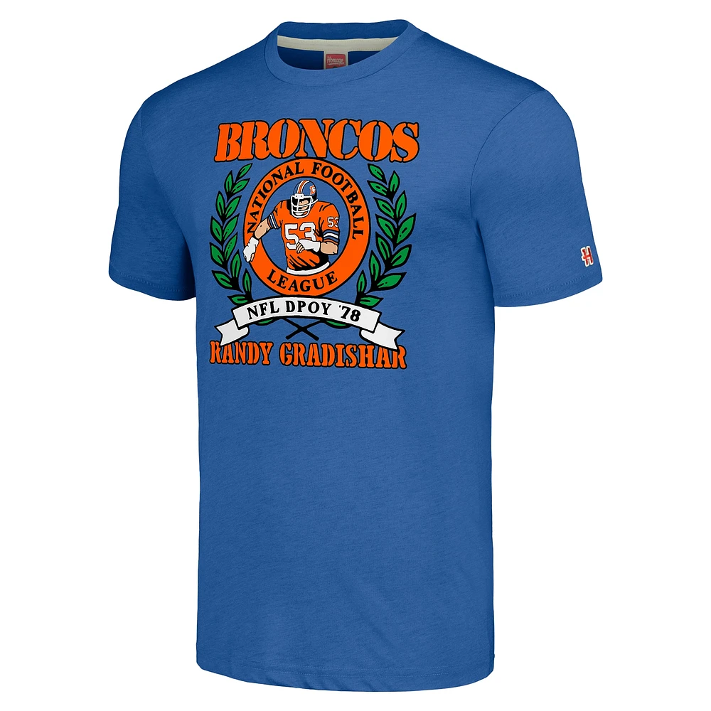 Hommage pour hommes Randy Gradishar Royal Denver Broncos Caricature joueur retraité T-shirt triple mélange