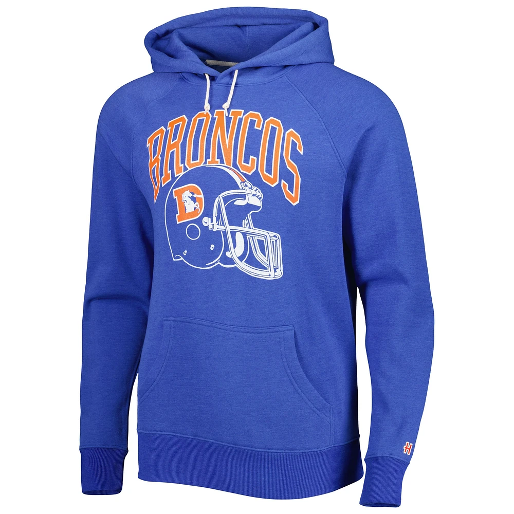 Men's Homage Royal Denver Broncos Retro Helmet Tri-Blend Raglan Pullover Hoodie