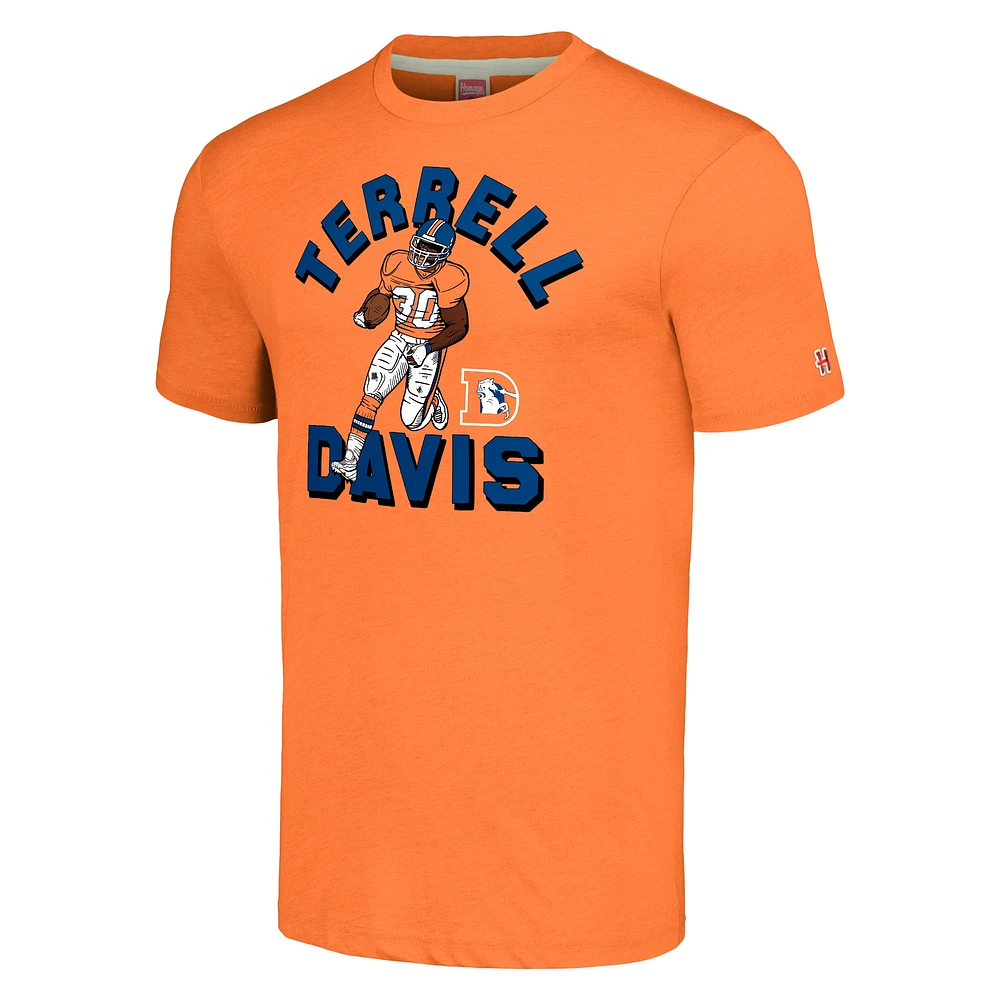 Hommage pour hommes Terrell Davis Heathered Orange Denver Broncos Caricature Joueur retraité T-shirt triple mélange