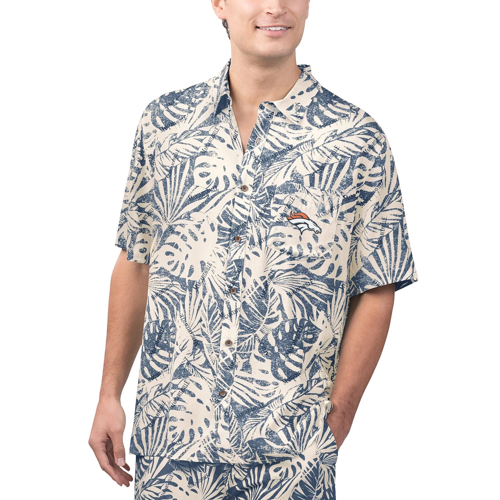 Chemise boutonnée de fête à imprimé Monstera lavé au sable Margaritaville Tan Denver Broncos pour hommes