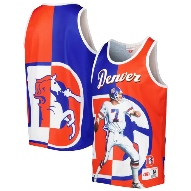 Men's Mitchell & Ness John Elway Royal/Orange Denver Broncos Big Tall Split Legacy Retired Player Replica Jersey