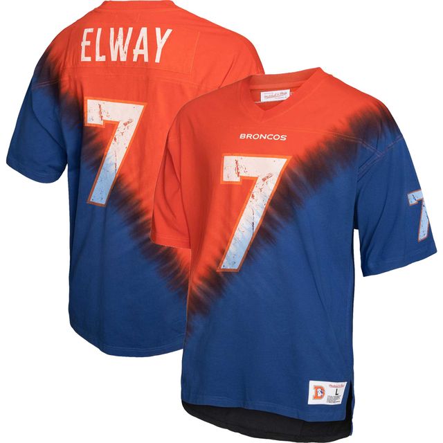 T-shirt à encolure en V pour homme Mitchell & Ness John Elway Orange/Royal Denver Broncos Retired Player Name Number Diagonal Tie-Dye