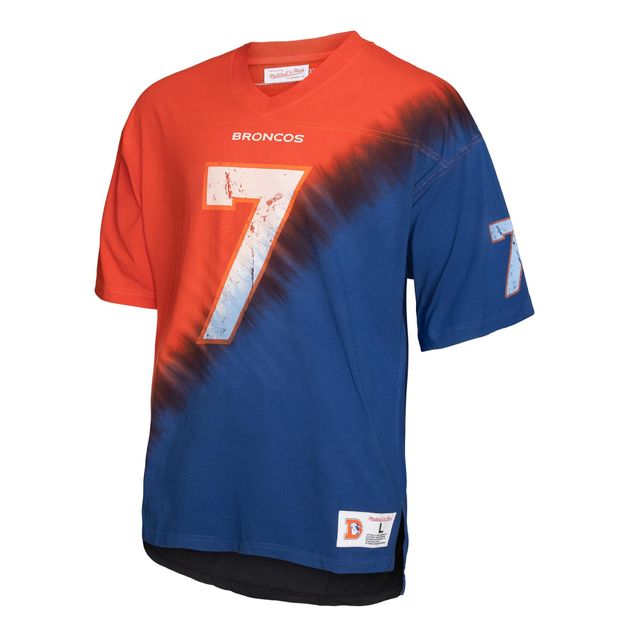 T-shirt à encolure en V pour homme Mitchell & Ness John Elway Orange/Royal Denver Broncos Retired Player Name Number Diagonal Tie-Dye