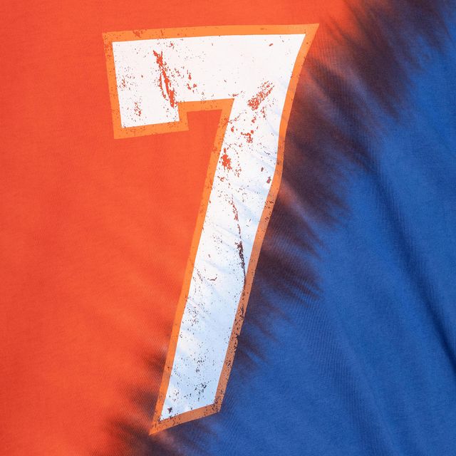 T-shirt à encolure en V pour homme Mitchell & Ness John Elway Orange/Royal Denver Broncos Retired Player Name Number Diagonal Tie-Dye