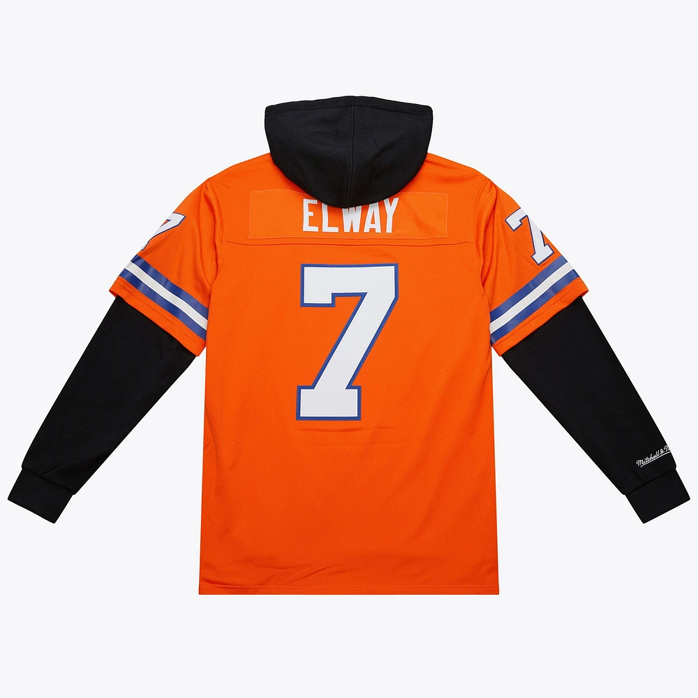 Men's Mitchell & Ness John Elway Orange Denver Broncos Player Name Number Hoodie Legacy Jersey