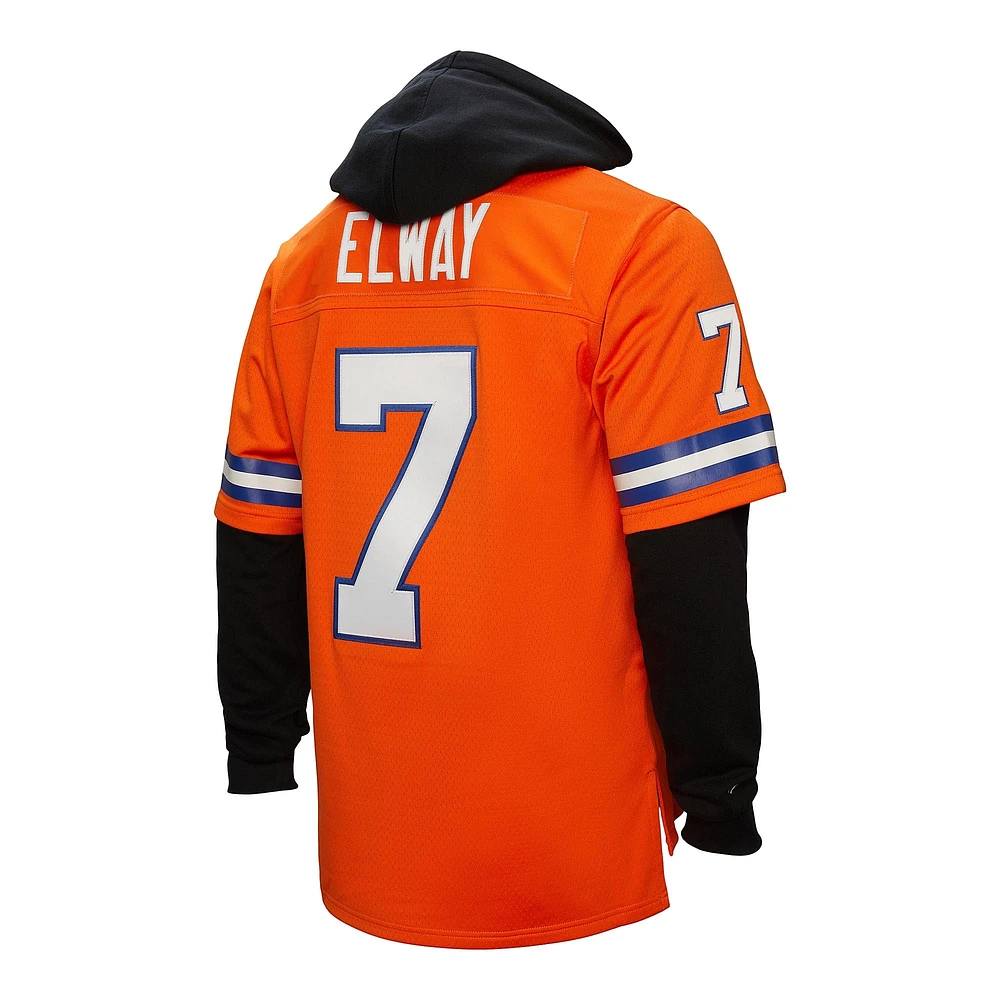 Men's Mitchell & Ness John Elway Orange Denver Broncos Player Name Number Hoodie Legacy Jersey