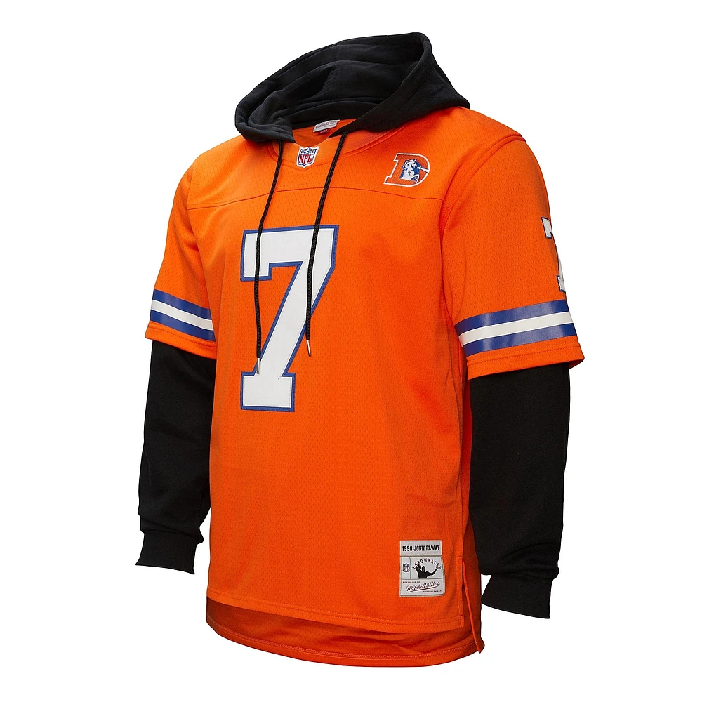 Men's Mitchell & Ness John Elway Orange Denver Broncos Player Name Number Hoodie Legacy Jersey