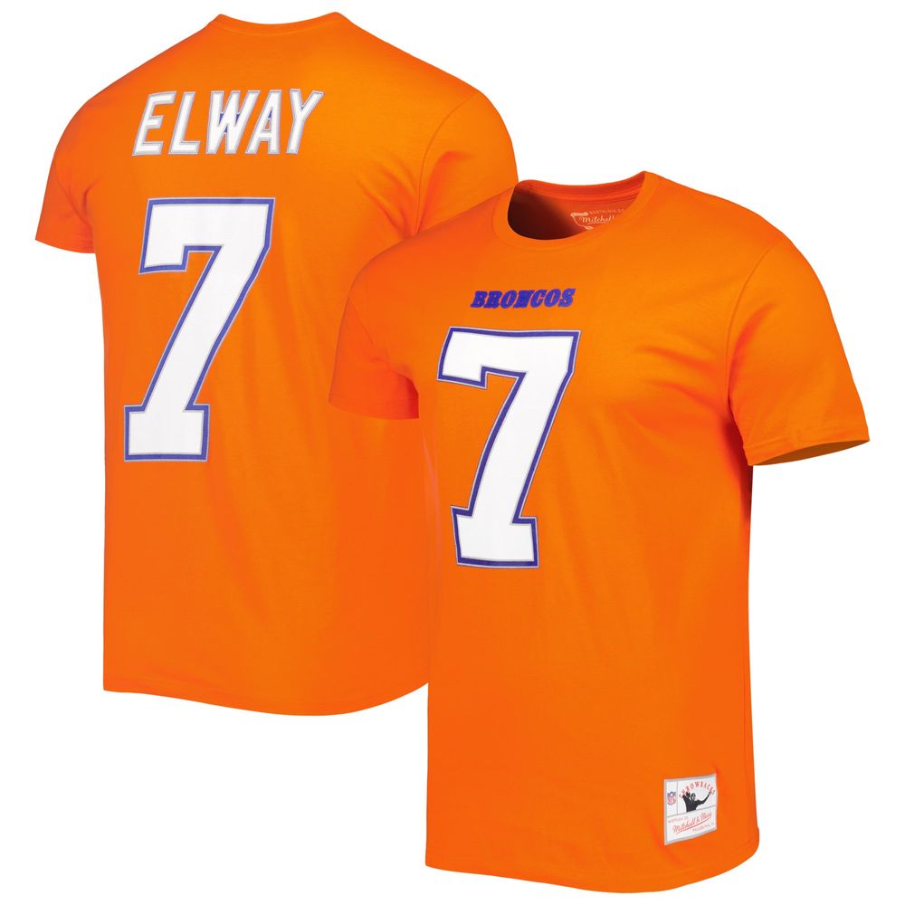 Men's Mitchell & Ness John Elway Orange Denver Broncos Retired Player Logo Name Number T-Shirt