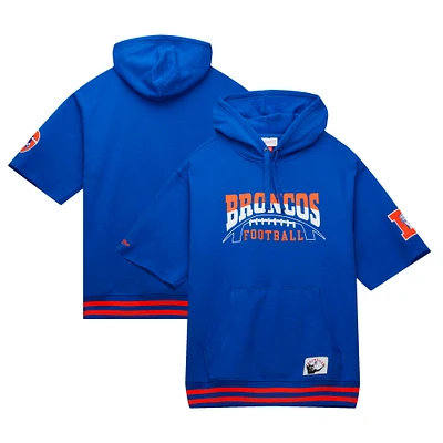 Sweat à capuche manches courtes pour hommes Mitchell & Ness Royal Denver Broncos d'avant-match