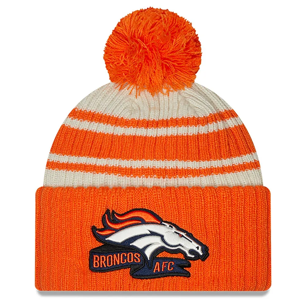 Modèle Sideline Denver Broncos 2022 pour homme New Era crème/orange - Tuque sport en tricot à revers avec pompons