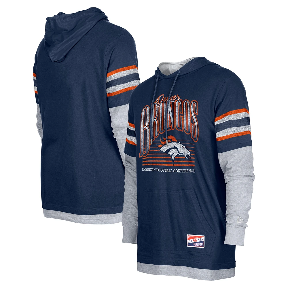 T-shirt à capuche manches longues Twofer bleu marine Denver Broncos New Era pour homme