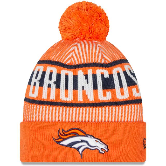 Denver Broncos New Era orange rayé pour homme - Bonnet en tricot à revers avec pompon