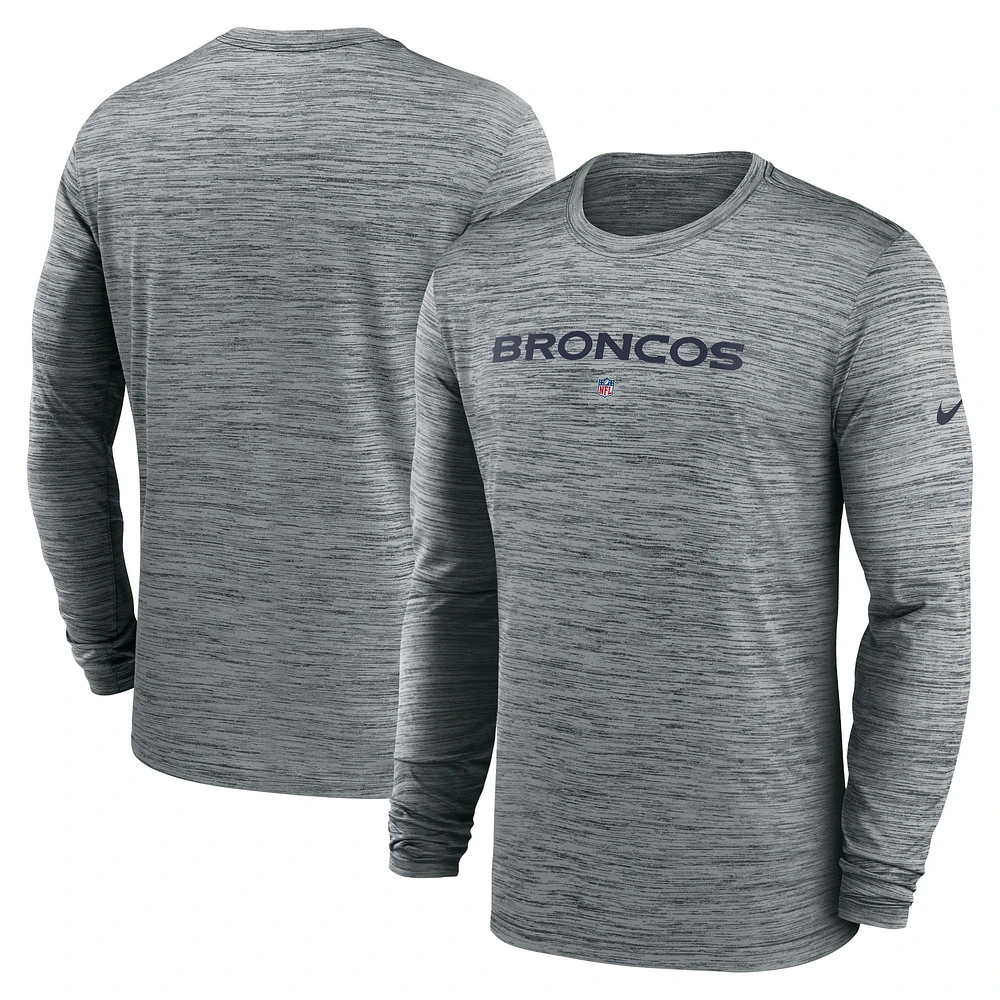 T-shirt à manches longues Nike gris Denver Broncos Sideline Team Velocity Performance pour hommes