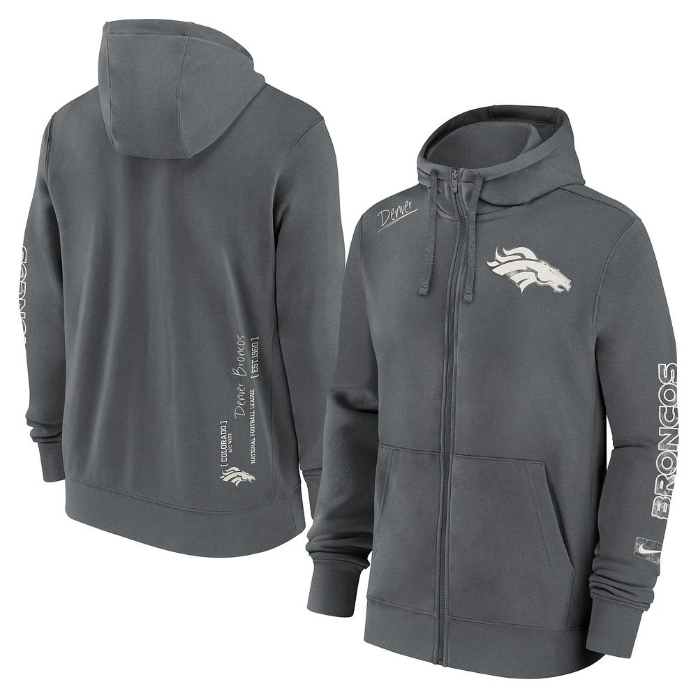 Sweat à capuche Nike gris Denver Broncos Statement entièrement zippé pour homme