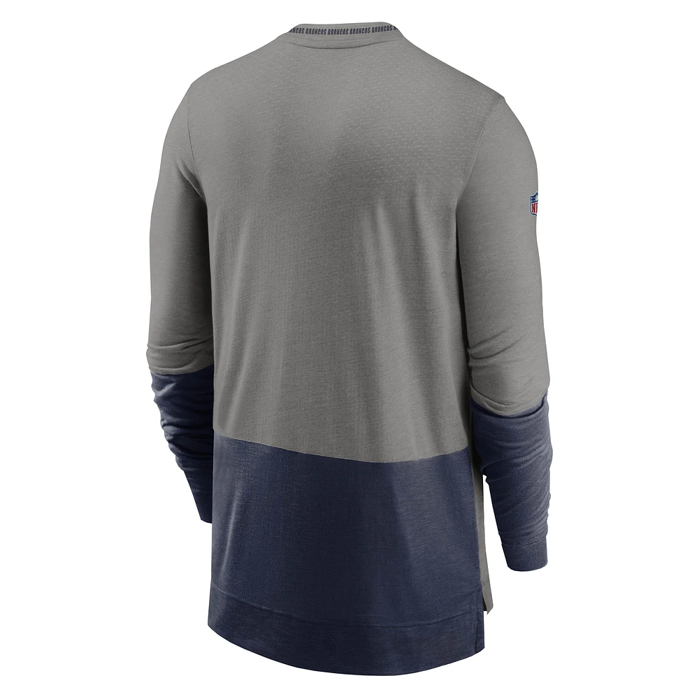 T-shirt à manches longues Nike Denver Broncos Sideline Player Performance pour homme, gris chiné/bleu marine