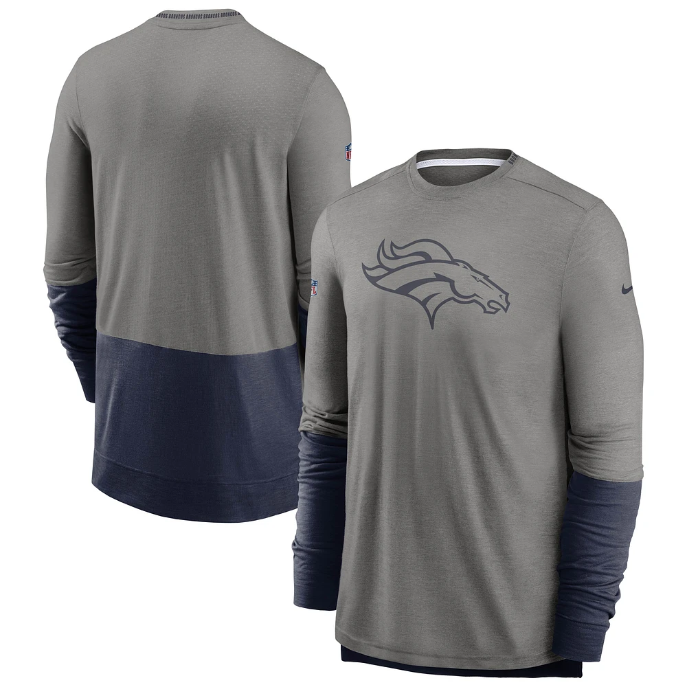 T-shirt à manches longues Nike Denver Broncos Sideline Player Performance pour homme, gris chiné/bleu marine