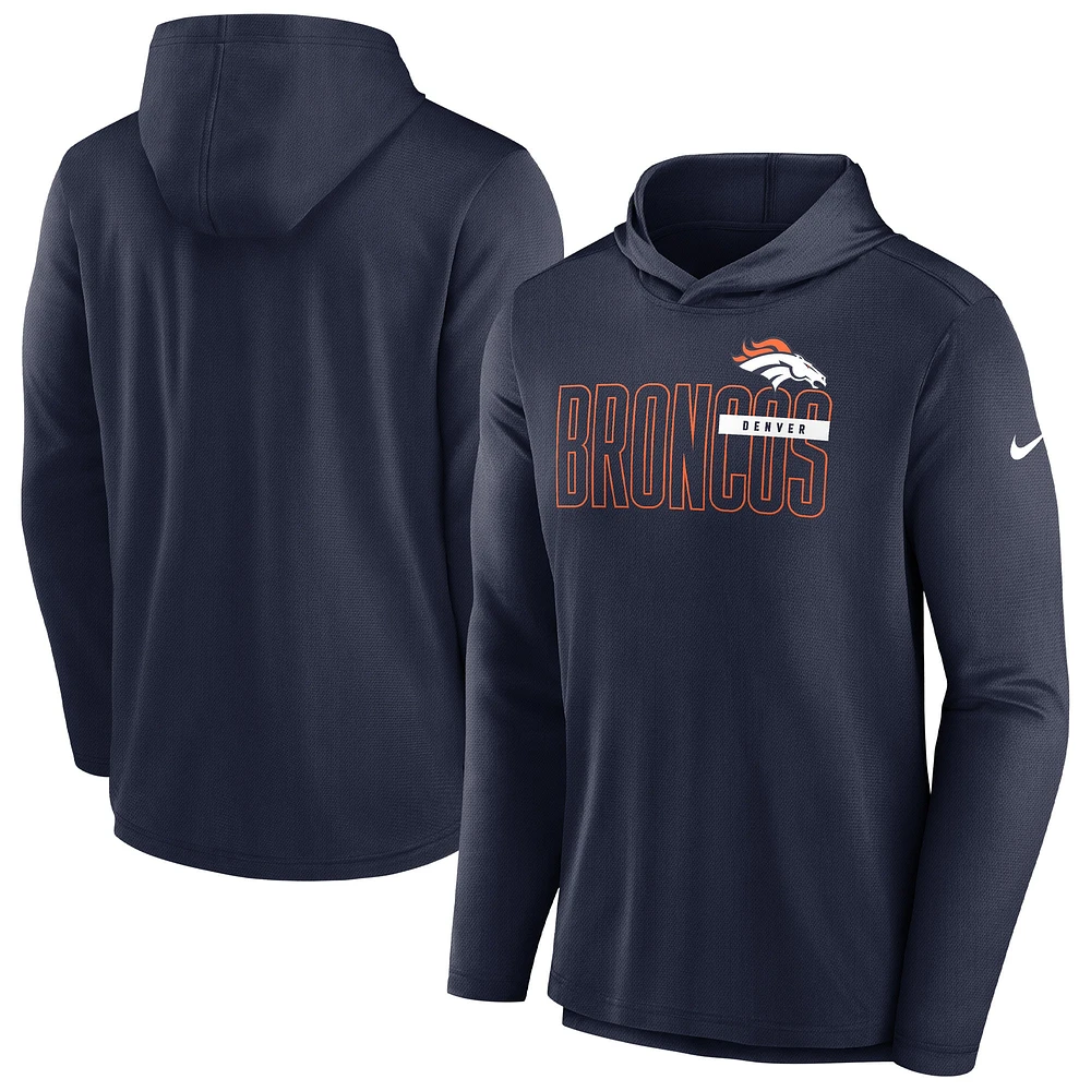 Men's Nike Navy Denver Broncos Lightweight Performance Hooded Long Sleeve T-Shirt