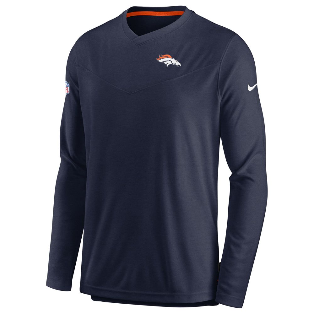 Men's Nike Navy Denver Broncos Sideline Coach Chevron Lock Up Long Sleeve V-Neck Performance T-Shirt