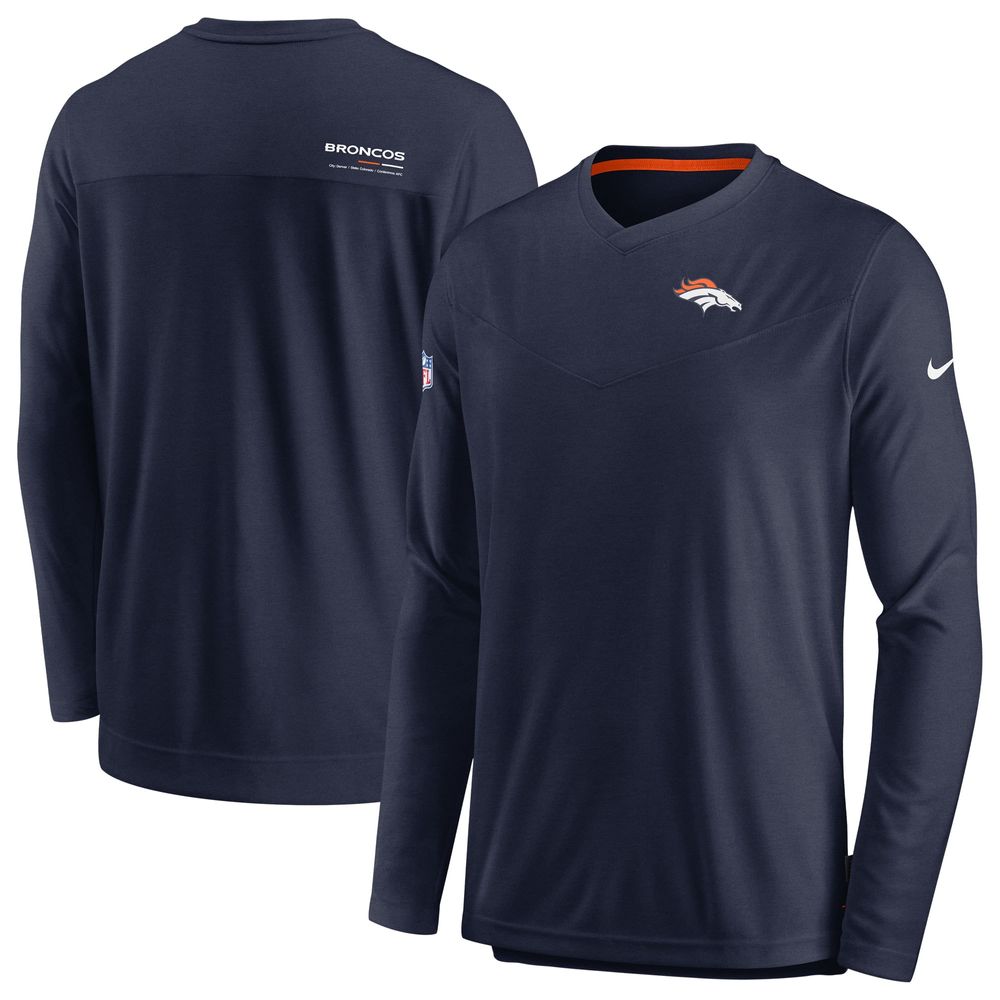 Men's Nike Navy Denver Broncos Sideline Coach Chevron Lock Up Long Sleeve V-Neck Performance T-Shirt