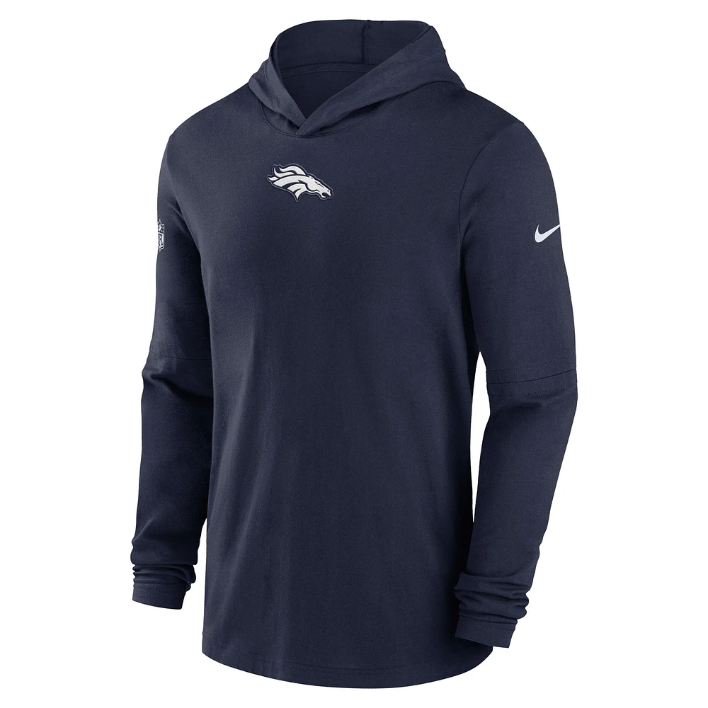 T-shirt à capuche manches longues Nike bleu marine Denver Broncos Sideline Performance pour homme