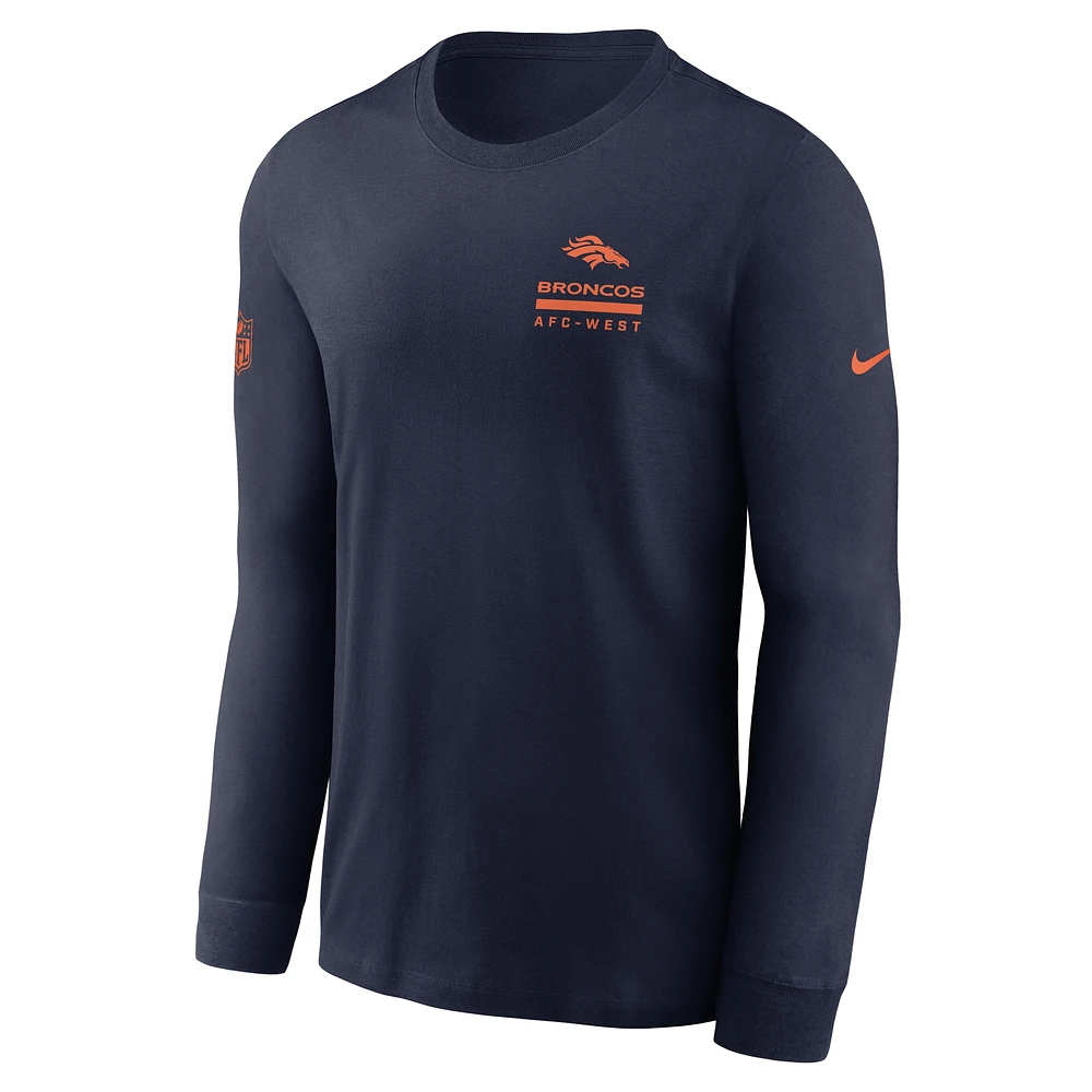T-shirt Nike bleu marine Denver Broncos Sideline Performance à manches longues pour homme