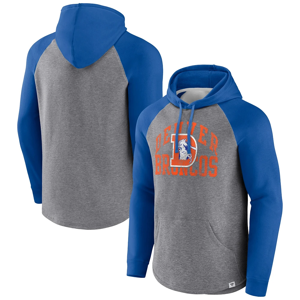 Men's Profile Heather Gray/Royal Denver Broncos Big & Tall Favorite Arch Throwback Raglan Pullover Hoodie