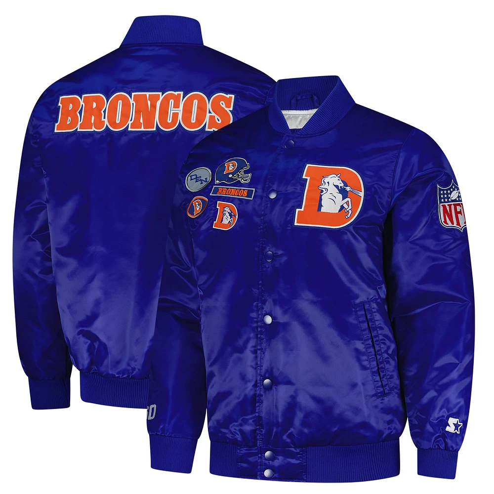 Veste universitaire exclusive en satin à boutons-pression Starter Royal Denver Broncos pour homme