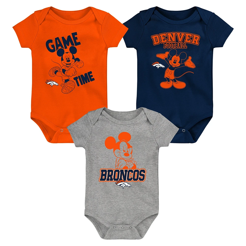 Newborn & Infant Orange/Navy/Gray Denver Broncos Three-Piece Disney Game Time Bodysuit Set