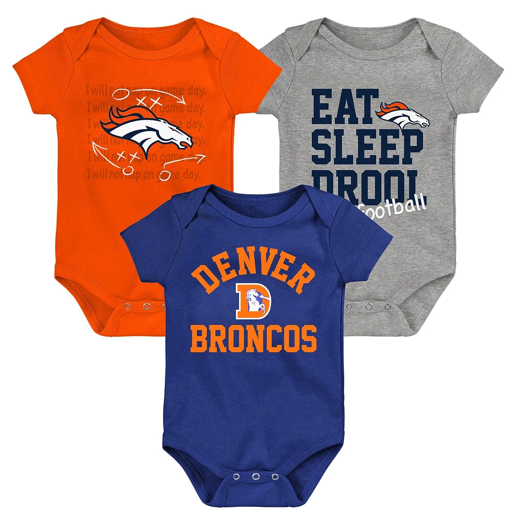 Newborn & Infant Orange/Navy/Heather Gray Denver Broncos Three-Pack Eat, Sleep Drool Retro Bodysuit Set