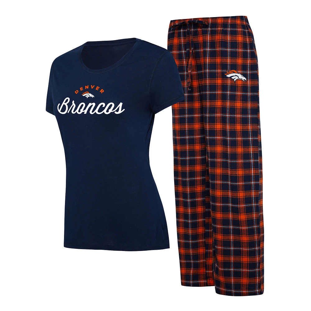 Ensemble de nuit Concepts Sport pour femmes, t-shirt et pantalon en flanelle, bleu marine/orange, Denver Broncos Arctic