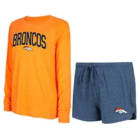 Ensemble de salon Concepts Sport pour femmes, t-shirt et short à manches longues raglan, bleu marine/orange, Denver Broncos