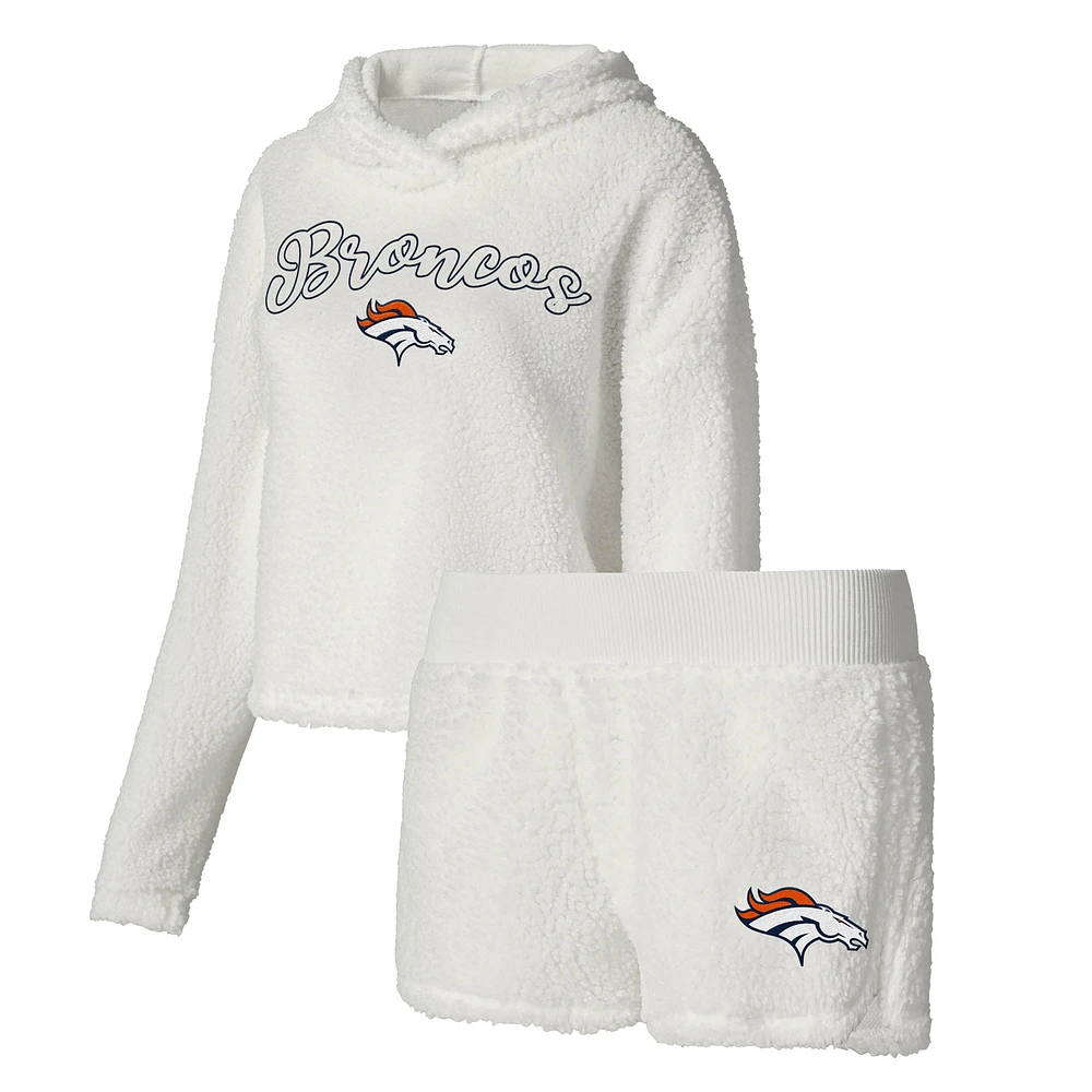 Concepts Sport Ensemble de nuit pour femme Denver Broncos Fluffy Pullover Sweatshirt & Shorts Blanc