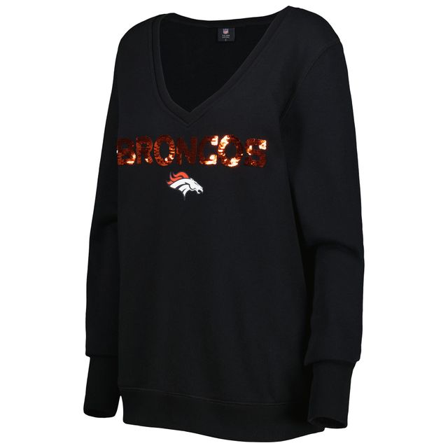 Sweat-shirt noir à encolure en V avec logo sequins Denver Broncos Cuce pour femme