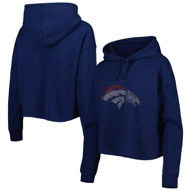 Chandail à capuchon court avec logo Crystal Denver Broncos Cuce pour femme, bleu marine