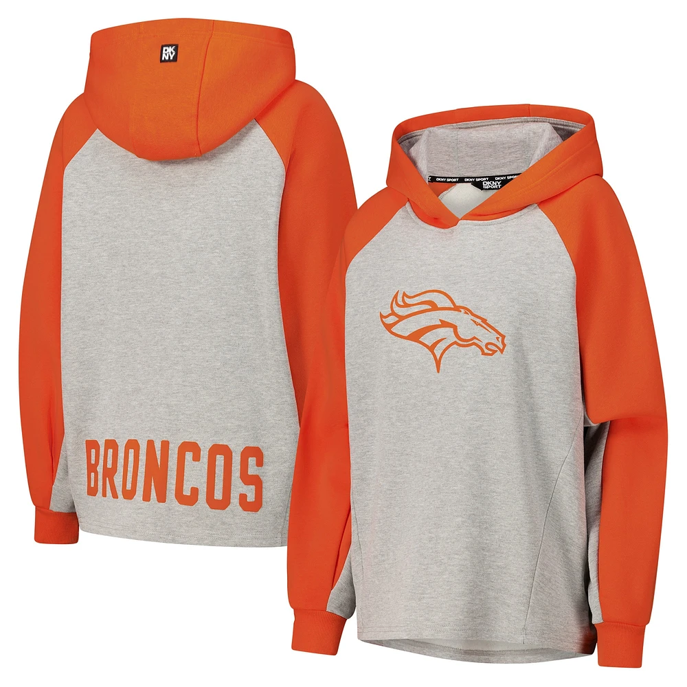 Sweat à capuche court raglan DKNY Sport gris/orange pour femme des Denver Broncos Joy