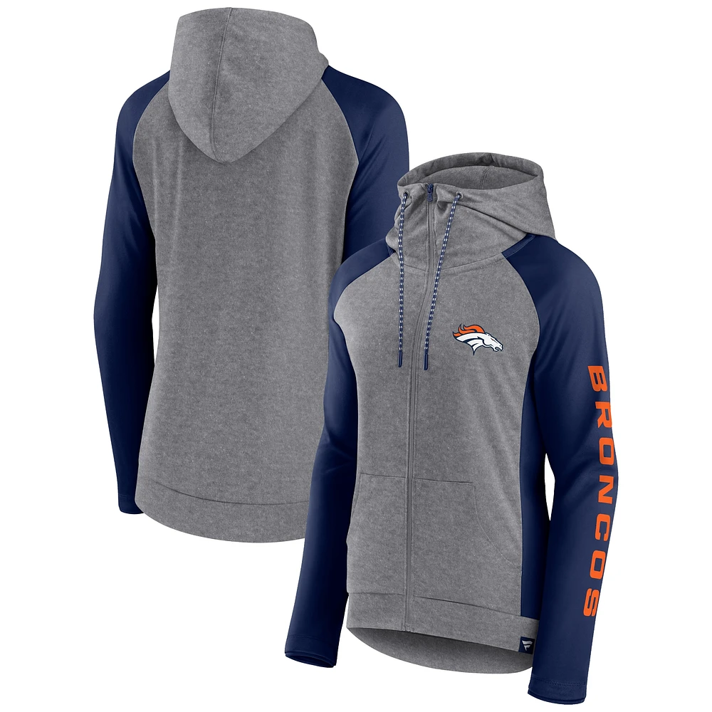 Sweat à capuche entièrement zippé Fanatics pour femmes, gris/bleu marine, Denver Broncos Blind Side Raglan