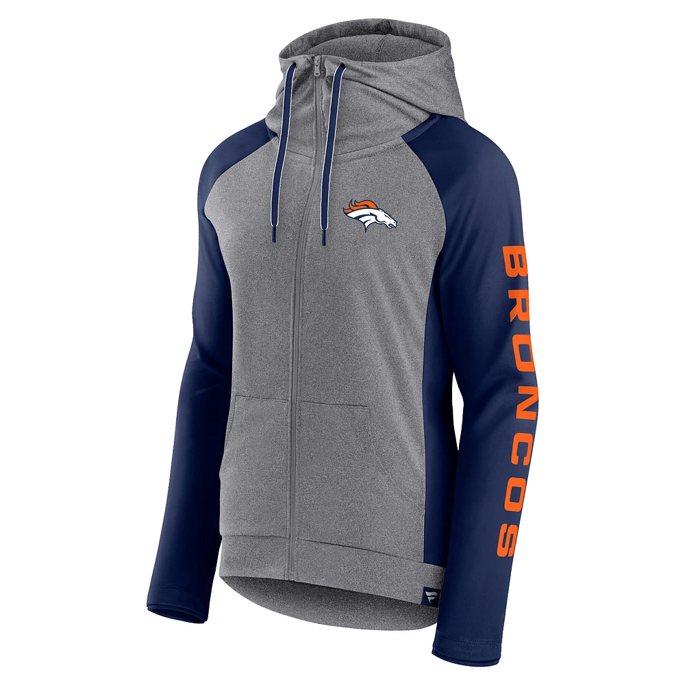 Women's Fanatics  Heather Gray/College Navy Denver Broncos Blind Side Lightweight Full-Zip Hoodie