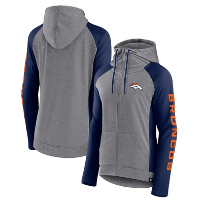 Women's Fanatics  Heather Gray/College Navy Denver Broncos Blind Side Lightweight Full-Zip Hoodie