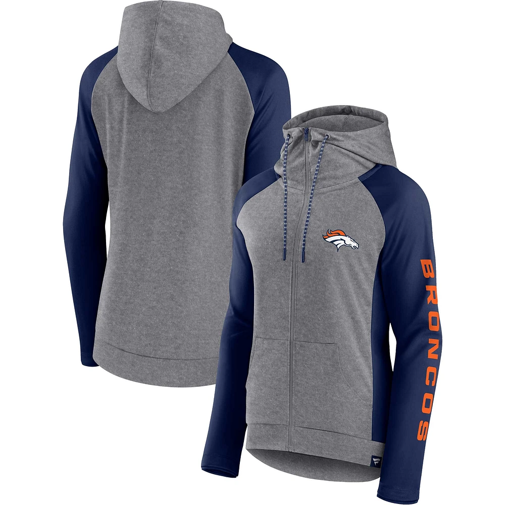 Fanatics pour femmes Heather Grey/College Navy Denver Broncos Blind Side Sweat à capuche léger entièrement zippé