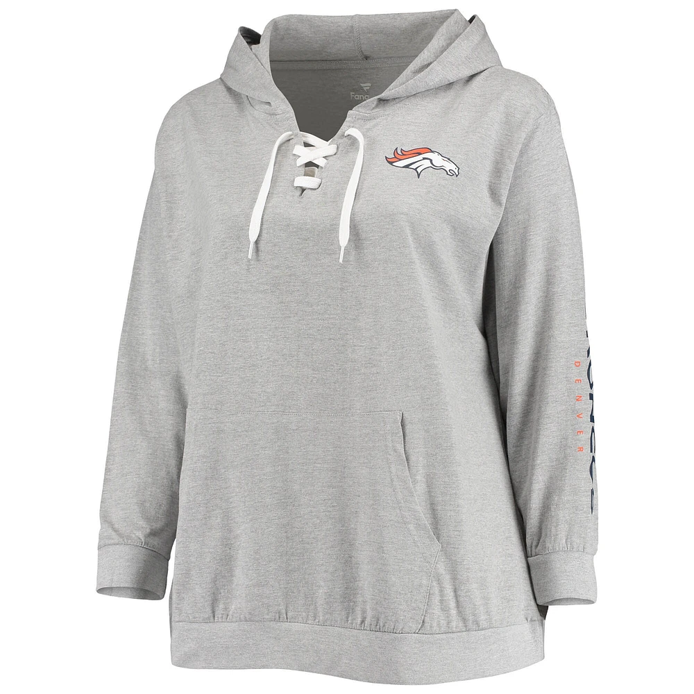 Women's Fanatics Heathered Gray Denver Broncos Plus Lace-Up Pullover Hoodie