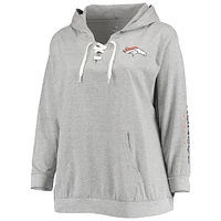Women's Fanatics Heathered Gray Denver Broncos Plus Lace-Up Pullover Hoodie