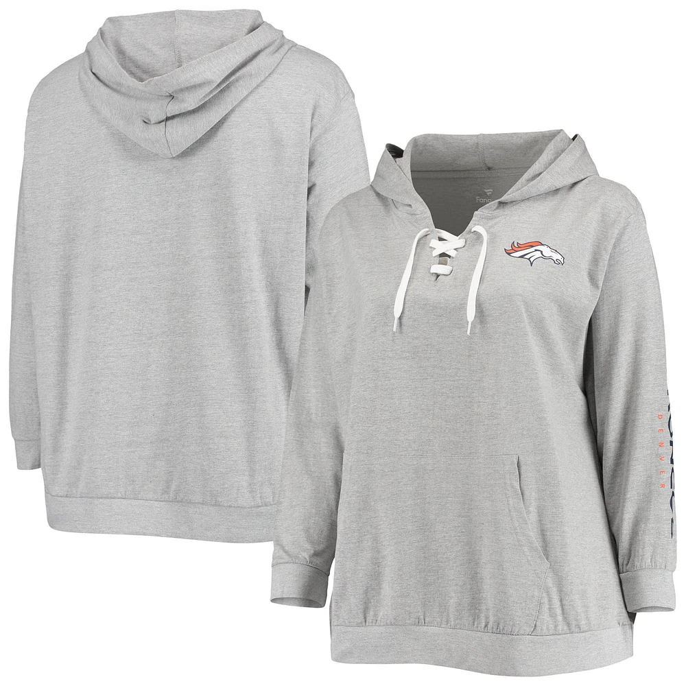Women's Fanatics Heathered Gray Denver Broncos Plus Lace-Up Pullover Hoodie